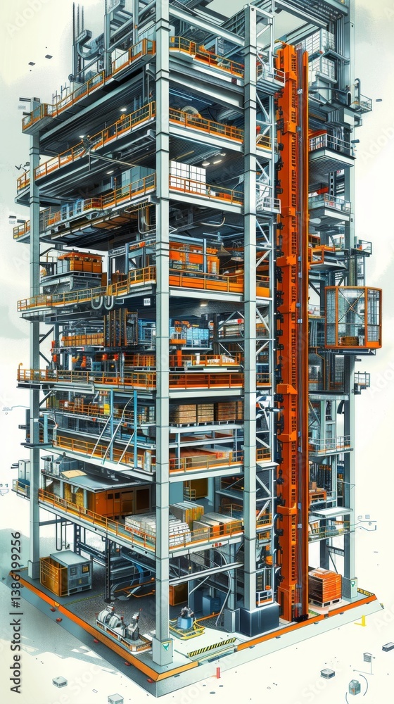 Aufkleber cutaway view of a multi-level automated warehouse featuring advanced robotics and conveyor systems i