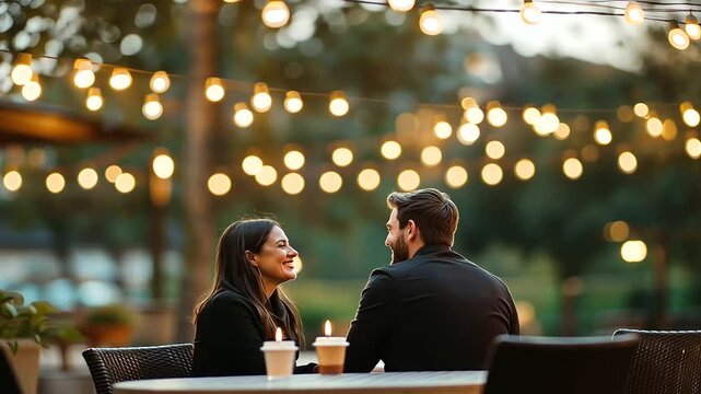 Romantic proposal at a cozy café patio with string lights
