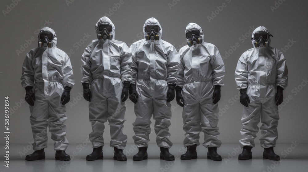 Poster engineers in cleanroom suits operate precision machinery for microchip and device fabrication