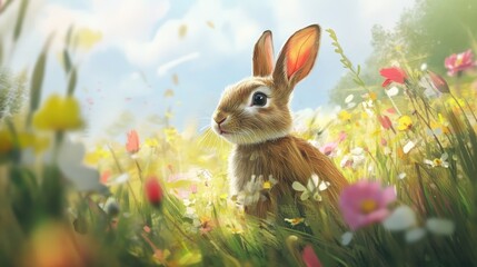 A sketch of a rabbit in a meadow surrounded by flowers