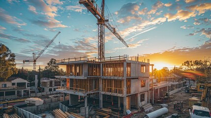 Construction site showcases prefabricated modules being installed by cranes at sunset, enhancing building efficiency and speed