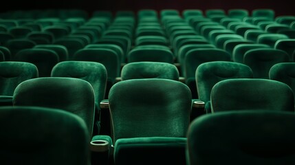 Fototapeta premium row of theater seats, in a cinema or auditorium. The seats are upholstered in a rich green fabric and are arranged in a curved formation.