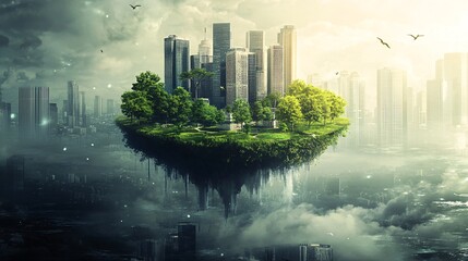 Concept of clean and green city floating above a polluted city with skyscrapers