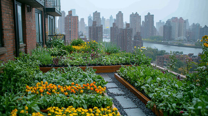 Fototapeta premium Urban rooftop garden, NYC view