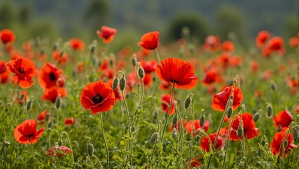 Naklejka premium Vibrant red poppy flowers close up in a lush green meadow showcasing their delicate beauty and vivid colors