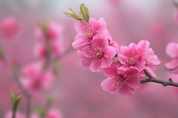 Fototapeta premium Pink flowers on a branch against a blue sky.