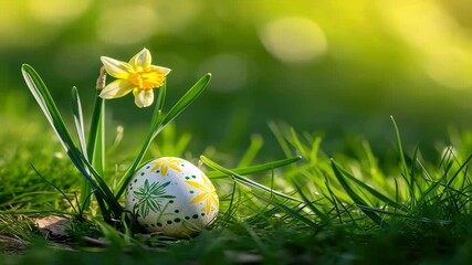 Basket with decorated egg and yellow daffodil in grassy field, representing springtime and Easter celebration.
