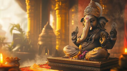 A serene temple setting featuring a Ganesh idol during a prayer ceremony