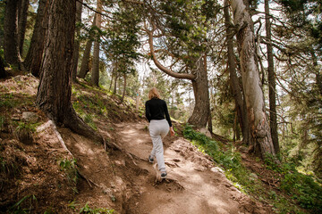 Obraz premium Blonge girl teenager Hiking Up a Forest Trail Surrounded by Tall Trees