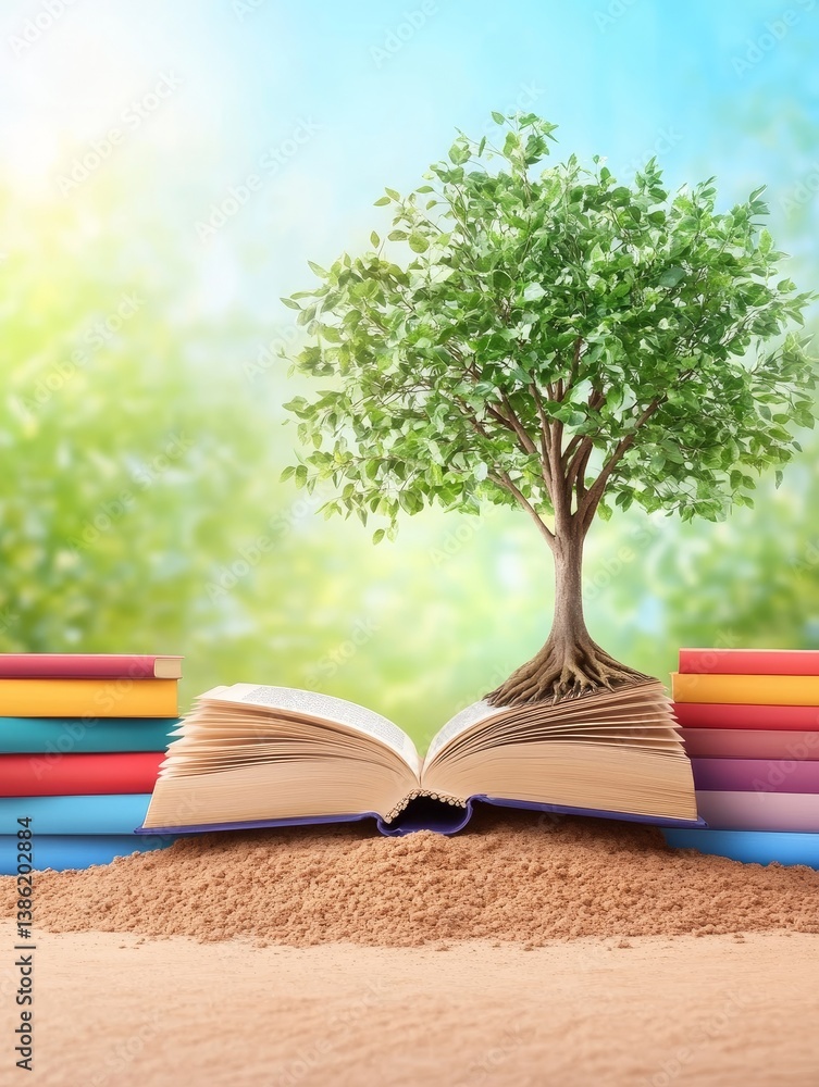 Poster tree of knowledge growing from open book - a vibrant green tree sprouts from the pages of an open bo
