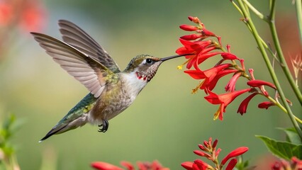 Fototapeta premium A hummingbird frozen in mid-flight while feeding on a red flower, sharp detail and vibrant wings.