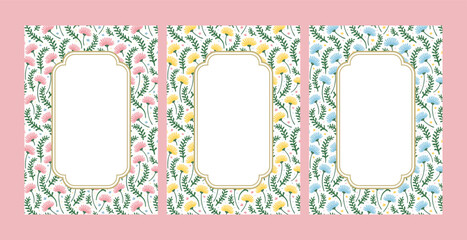 Cute and lovely floral frame background in vintage shabby chic pink yellow blue pastel color with blank space for print cards poster invitation page journal notes layout template