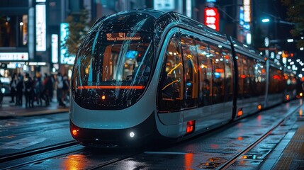 Modern tram on city street at night in the rain.