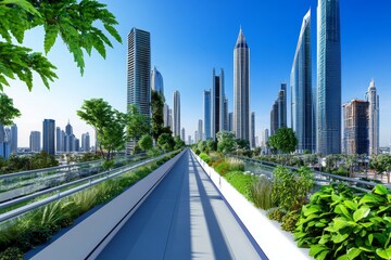 Fototapeta premium Urban Oasis: Cityscape Walkway - Modern cityscape with a lush green walkway, showcasing a blend of urban development and nature