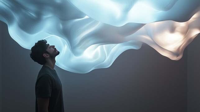 man silhouette standing abstract light fabric installation flowing movement soft curves wind studio lighting