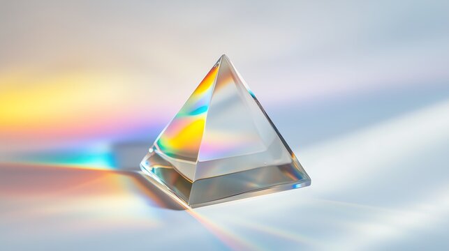 glass prism triangular pyramid white background rainbow refractions soft lighting cinematic photorealistic studio reflections