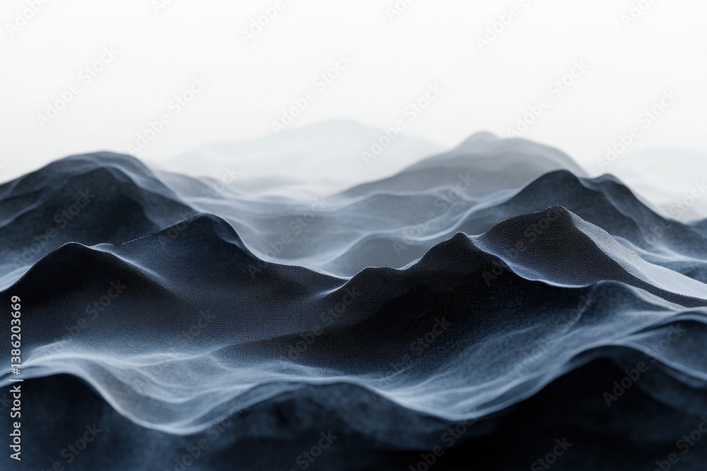 Poster visual representation of abstract mountain landscape with gentle curves, soft textures, and a misty 