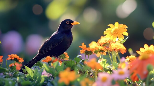 A playful Indian myna interacting with bright flowers in a garden