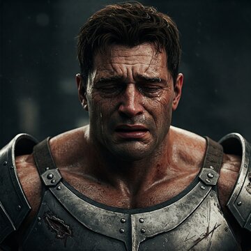 Um homem forte com roupa de armadora, um heroi chorando