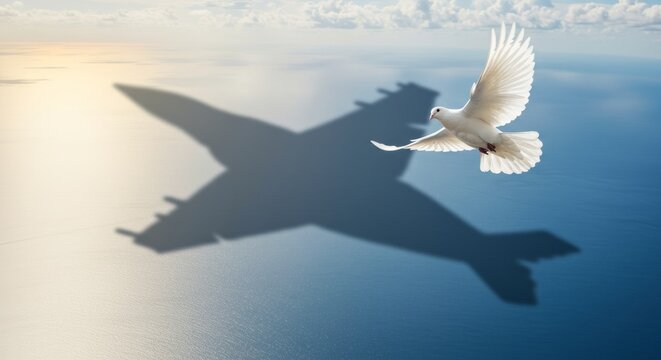 Dove casting a fighter jet shadow reflecting peace hope and enduring conflict