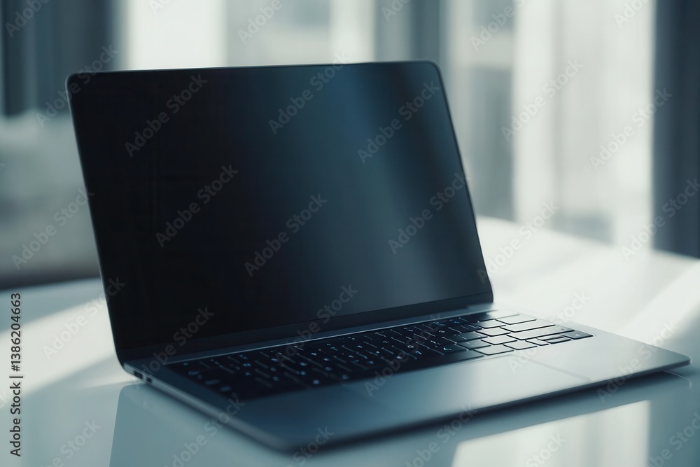 Aufkleber laptop on a sleek desk with natural light streaming in from a nearby window during a quiet early mor