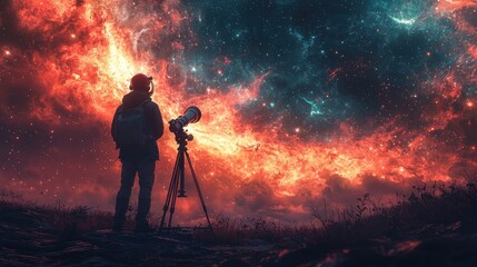 Fototapeta premium Person with telescope observing vibrant nebula.