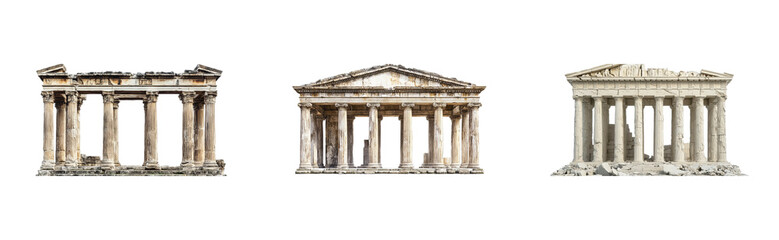 Ancient greek temples ruins with columns and classical architecture. Set png cut out
