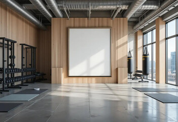 Modern Minimalist Gym Interior with Wooden Walls and City View