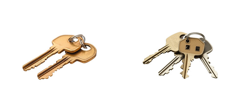 Golden and silver house keys with keychains. Set png cut out