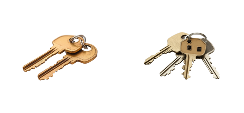Golden and silver house keys with keychains. Set png cut out