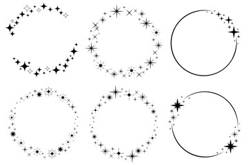 Set of vector graphic circle banner with twinkle stars, Shiny sparkle circle frame set, Wreaths for design, logo template. Stardust, starry sky, cosmic glitter shine.