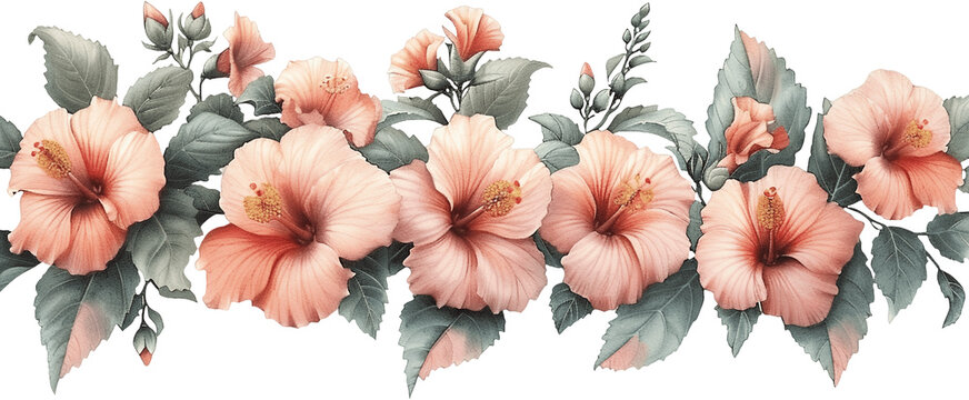 Coral pink hibiscus watercolor border with sage green leaves perfect for tropical wedding invitations and feminine brand identity