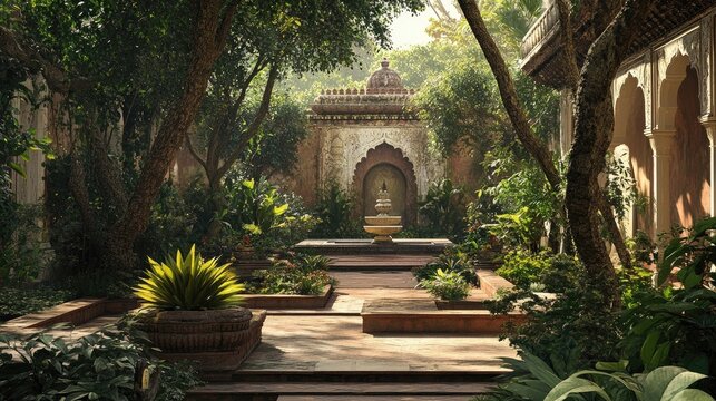 A historical garden setting reminiscent of Mumtaz Begum's time