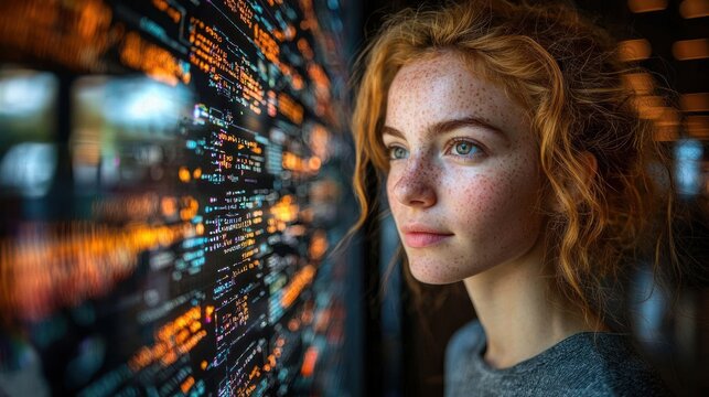 Young woman programmer gazing at code on a large screen.