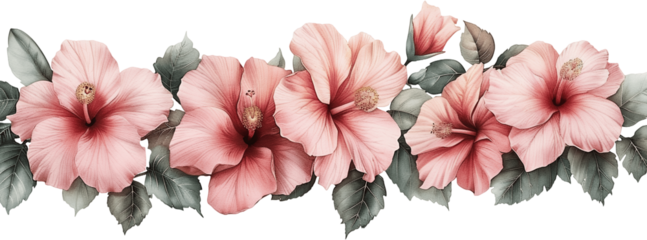 Pink coral hibiscus flower border with charcoal leaves creating striking contrast for modern wedding and branding designs