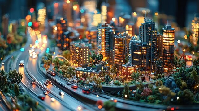 Night cityscape miniature model with illuminated buildings and winding roads.