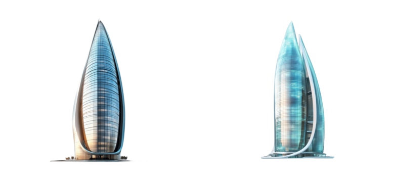 Futuristic skyscrapers with curved glass architecture and sleek metal design. Set png cut out