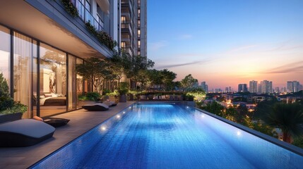 Obraz premium Luxury Rooftop Infinity Pool with City Skyline at Dusk