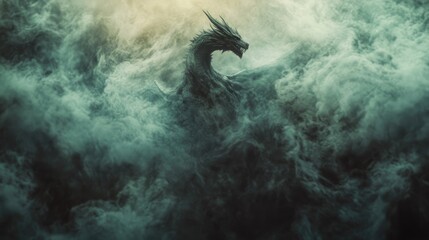 A dragon surrounded by swirling mist in a mystical setting