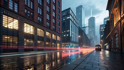 Obraz premium Cityscape Reflections: An urban vista presents a dynamic interplay of architecture and movement. Buildings tower over a rain-slicked street.