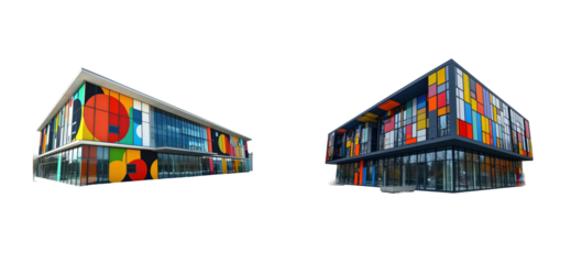 Modern building with colorful geometric facade and glass windows. Set png cut out