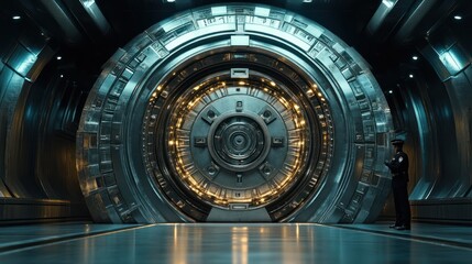 Secure Vault Door with Futuristic Design and Guard Ideal for Security Technology and SciFi