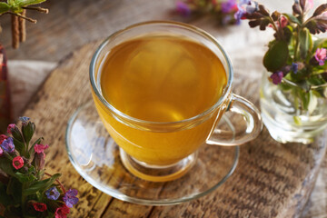 A cup of herbal tea with fresh lungwort or pulmonaria flowers