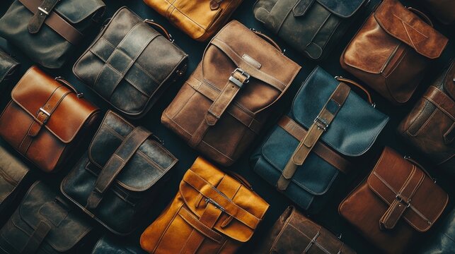 A collection of sachel bags arranged creatively