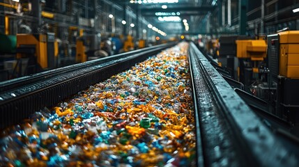 Obraz premium Plastic recycling plant conveyor belt with colorful shredded plastic.