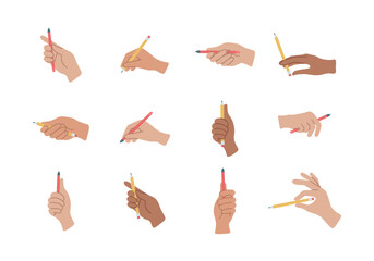 Set of hands with pencil or pen. Handwriting, stationery. Write skill. Hand with writing tool. Isolated vector illustration