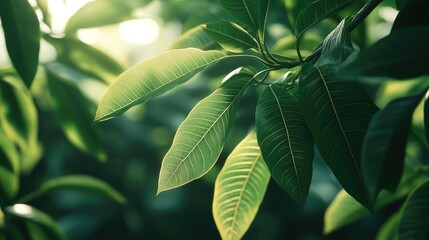 Obraz premium A close-up of mango leaves showing intricate veins and textures