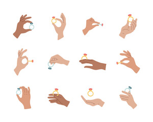 Hands in various gestures holding golden and silver rings with gemstone. Arm with jewelry. Propose and marriage, gift, love sign. Isolated vector illustration