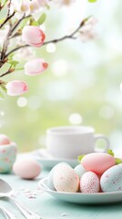 Spring Easter Celebration with Pastel Eggs and Blossoms Perfect for Card or Poster Design
