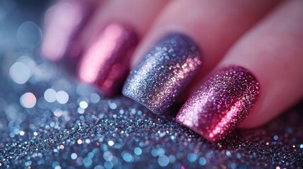 A close-up of glittery nail designs against a textured background